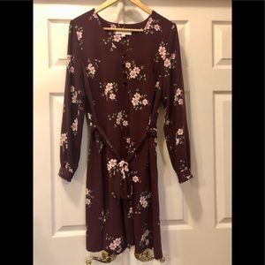 LOFT Long Sleeve Floral Dress - Wine Colored - Size 10
